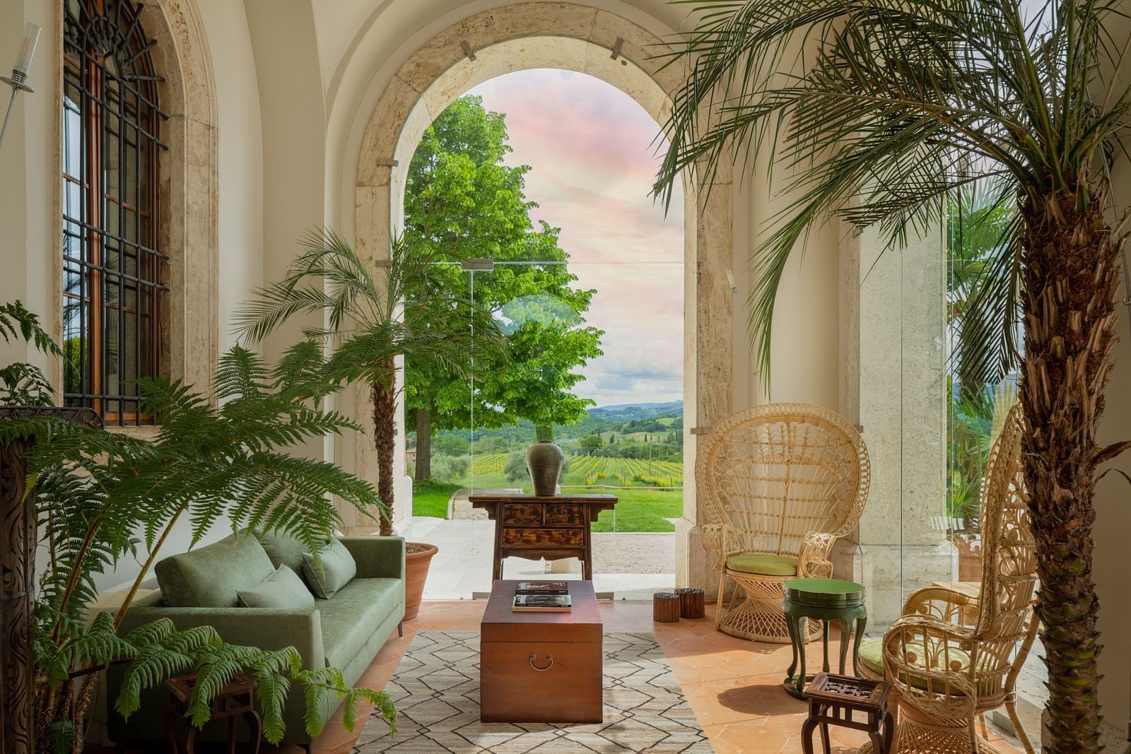 Terraza cubierta de Poggio Alla Sala con vistas al paisaje toscano