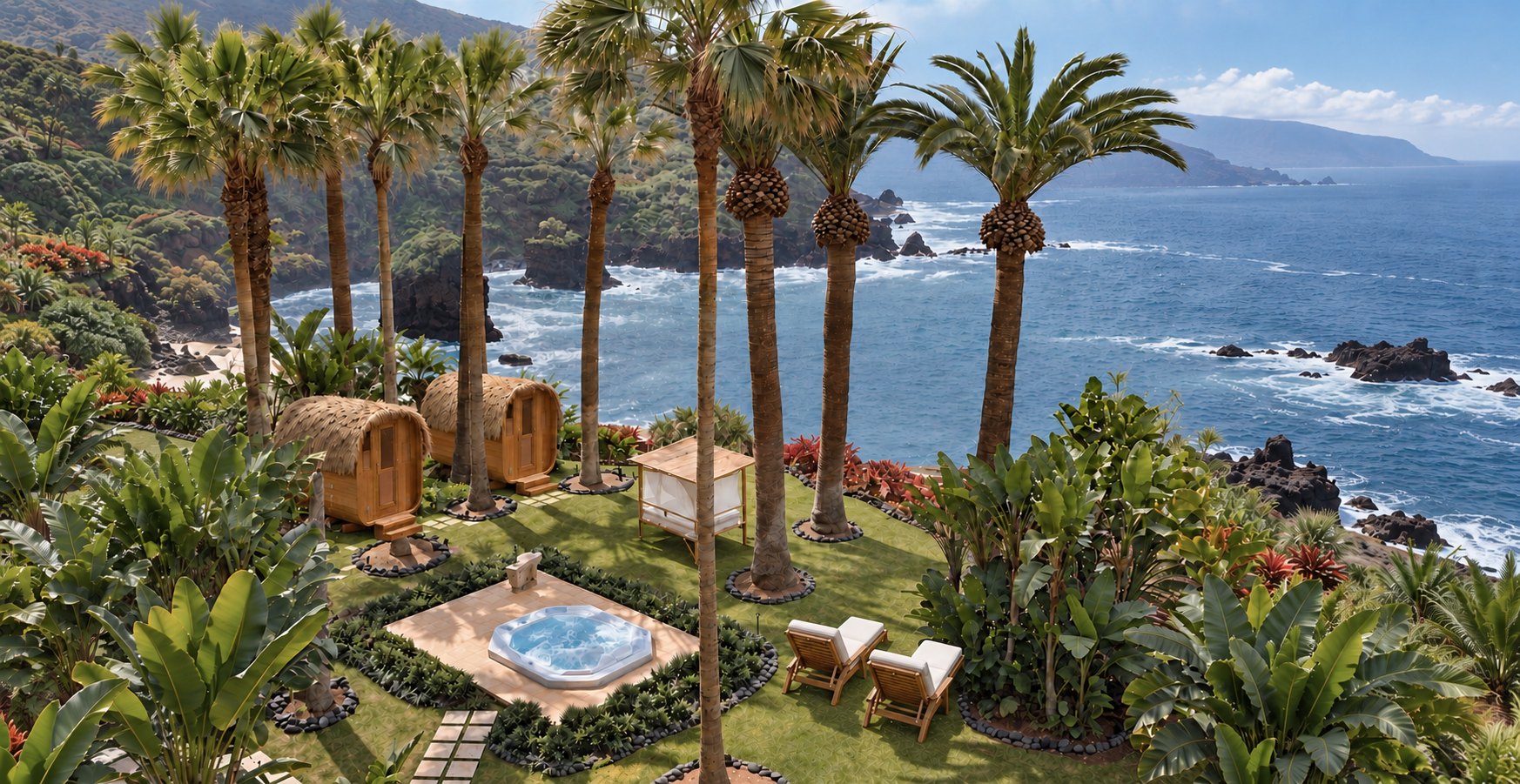 Jardín subtropical con saunas, jacuzzi y tumbonas frente al mar en Precise Resort Tenerife